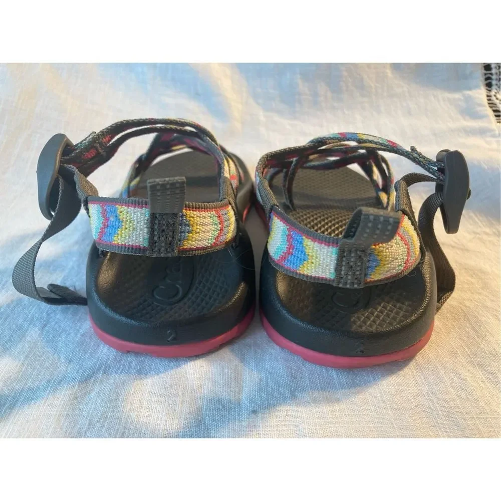 Chaco Kids Black Footbed Sandals with Multicolor Webbing and Pink Midsole